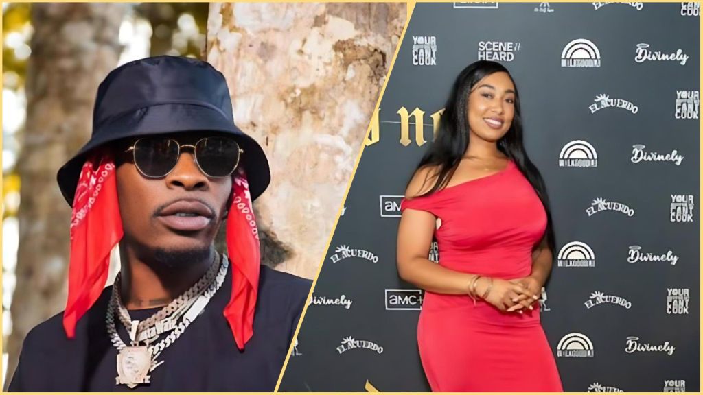 Split image showing Ghanaian singer Shatta Wale wearing dark sunglasses, a black bucket hat, and red bandana on one side, and Jamaican-Nigerian Afropop artist Barbee posing in a red one-shoulder dress at an event backdrop on the other side