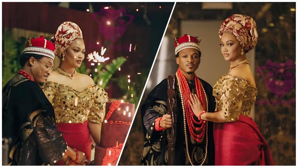 Nigerian actor Shawn Faqua and his wife, Sharon, dressed in regal traditional attire, pose during their lavish wedding ceremony; the couple is seen cutting a red-tiered cake under soft lights and later standing together in royal-inspired outfits adorned with coral beads and gold accents.