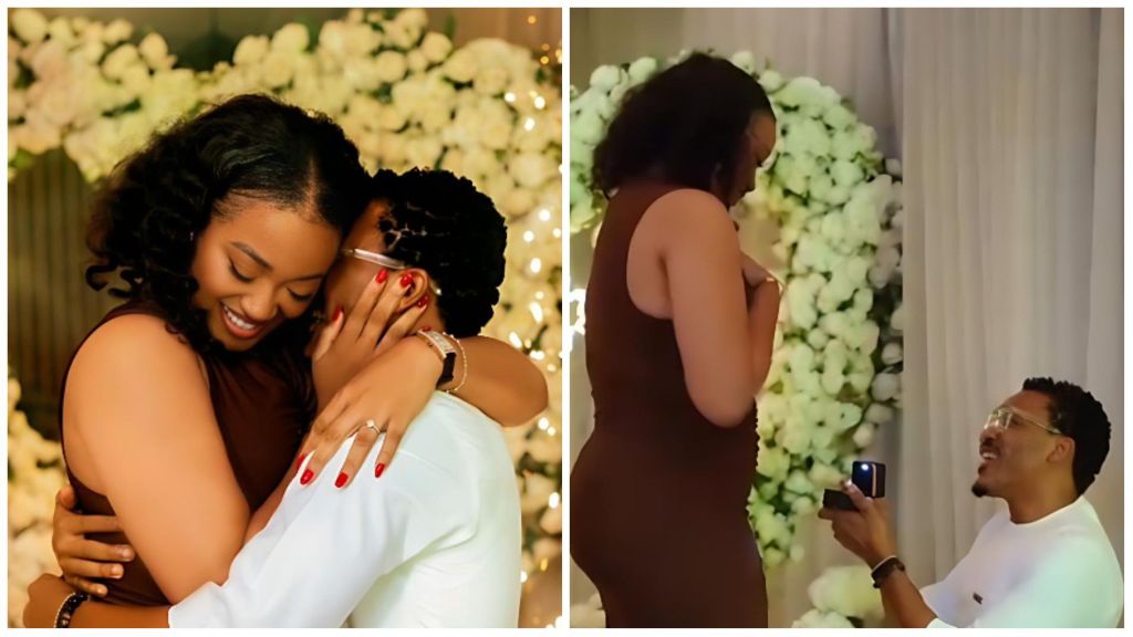 Actor Shawn Faqua proposes to his partner in a romantic setting decorated with white flowers — he kneels holding an engagement ring box while she reacts with joy and embraces him warmly.