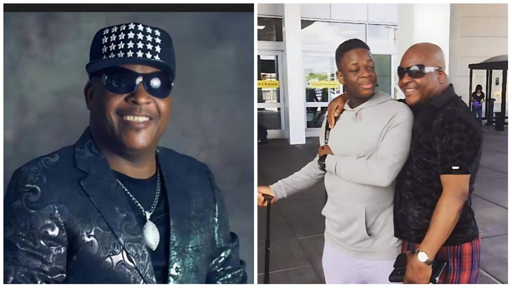 Veteran Nigerian Afrojuju musician Shina Peters smiles in a portrait wearing a black patterned suit and star-studded cap, alongside a second photo showing him warmly embracing his grown-up son outside a modern building.