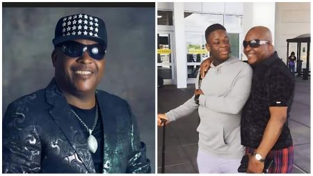Veteran Nigerian Afrojuju musician Shina Peters smiles in a portrait wearing a black patterned suit and star-studded cap, alongside a second photo showing him warmly embracing his grown-up son outside a modern building.