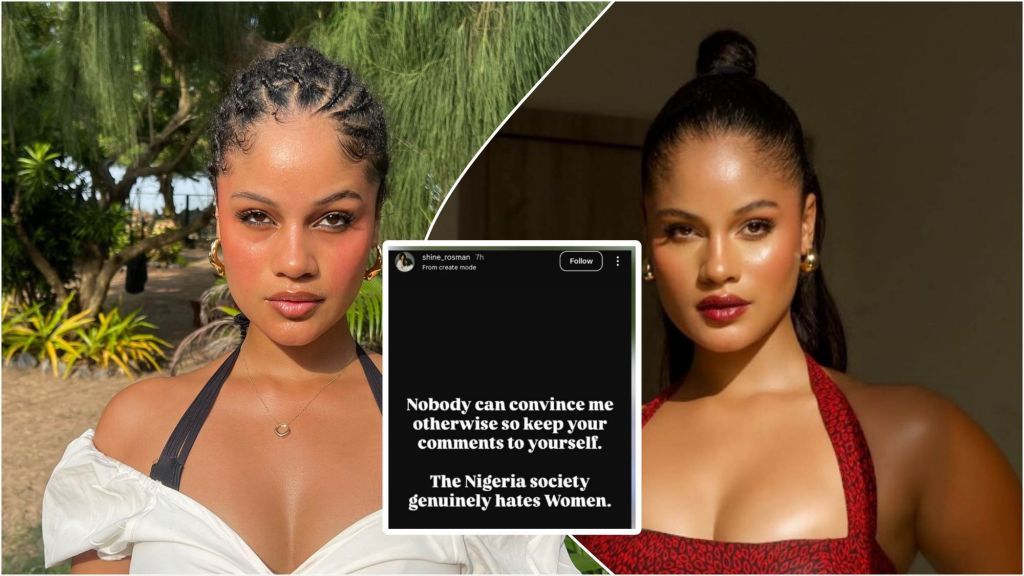 Side-by-side portraits of Nollywood actress Sunshine Rosman. The left image shows her outdoors in braided hair and a white off-shoulder top, while the right shows her indoors with sleek hair and red lipstick. At the centre is her Instagram Story post reading, “Nobody can convince me otherwise so keep your comments to yourself. The Nigeria society genuinely hates Women.”