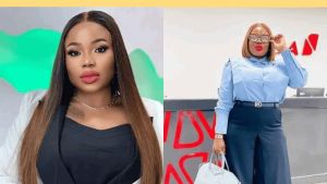 Side-by-side photos of Siah Nancy Bayoh, the late female banker alleged to have been poisoned on her birthday. The left image shows her wearing a white blazer and long straight hair, while the right image shows her posing in a light-blue shirt and navy trousers, holding a handbag inside what appears to be a bank office.