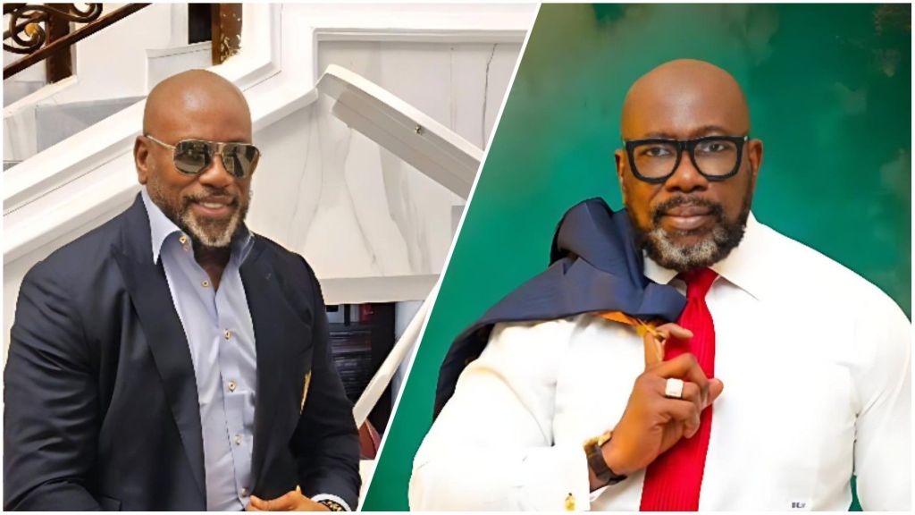 Nigerian businessman and politician Sir Don, dressed formally in dark and white suits, poses confidently in two different portraits — one by a marble staircase and another with a green backdrop.