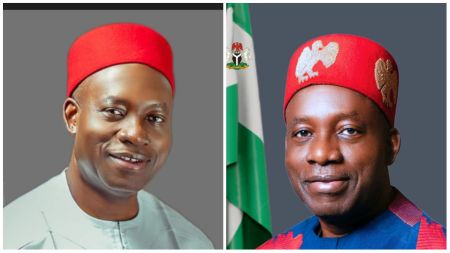 Anambra State Governor Charles Chukwuma Soludo wears his signature red cap in official portraits. Both images show him dressed in traditional Igbo attire, smiling against a neutral background, with one photo featuring the Nigerian flag.