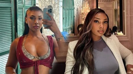 Side-by-side photos of socialite Sophia Egbueje, showing her taking a mirror selfie in a red top on the left and seated elegantly in a white blazer on the right.