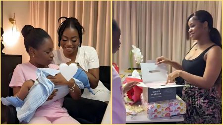 Sophia Momodu and her daughter Imade visit Priscilla Ojo and her newborn son, Rakeem, in Lagos. In the first image, Sophia gently holds the baby as Priscilla smiles beside her. In the second image, Priscilla unboxes wrapped presents, including a baby wipes warmer, on a table decorated with flowers.