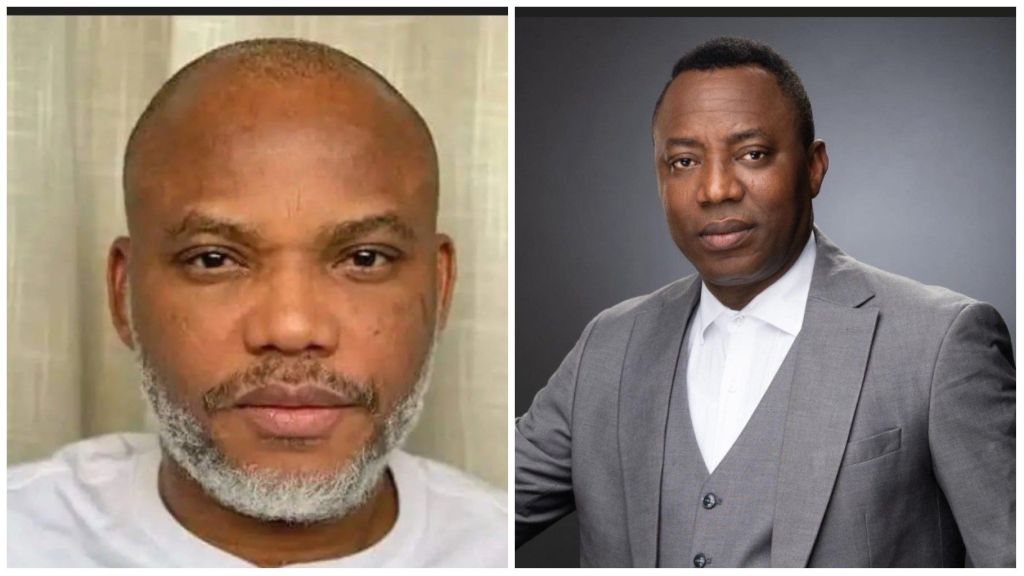 Side-by-side portraits of Nnamdi Kanu and Omoyele Sowore. The first image shows Nnamdi Kanu with a trimmed beard, wearing a white shirt against a neutral background. The second image features Omoyele Sowore in a grey suit and white shirt, posing confidently against a dark grey backdrop