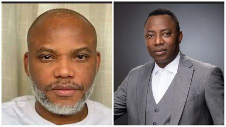 Side-by-side portraits of Nnamdi Kanu and Omoyele Sowore. The first image shows Nnamdi Kanu with a trimmed beard, wearing a white shirt against a neutral background. The second image features Omoyele Sowore in a grey suit and white shirt, posing confidently against a dark grey backdrop