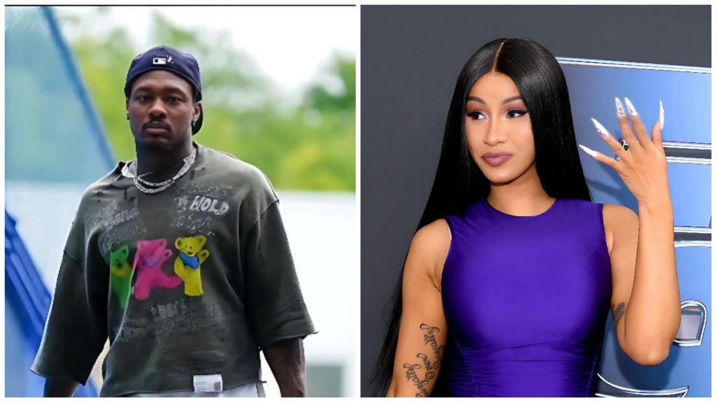 Side-by-side collage showing Stefon Diggs wearing a dark sweatshirt and cap outdoors, and Cardi B posing on a red carpet in a sleeveless purple dress with long straight hair and manicured nails