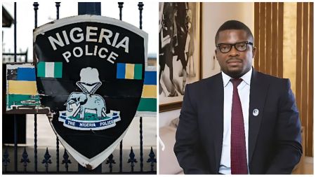 Split image showing the Nigeria Police Force emblem on the left and businessman Sujimoto (Olasijibomi Ogundele) in a suit on the right, illustrating the ongoing police investigation.