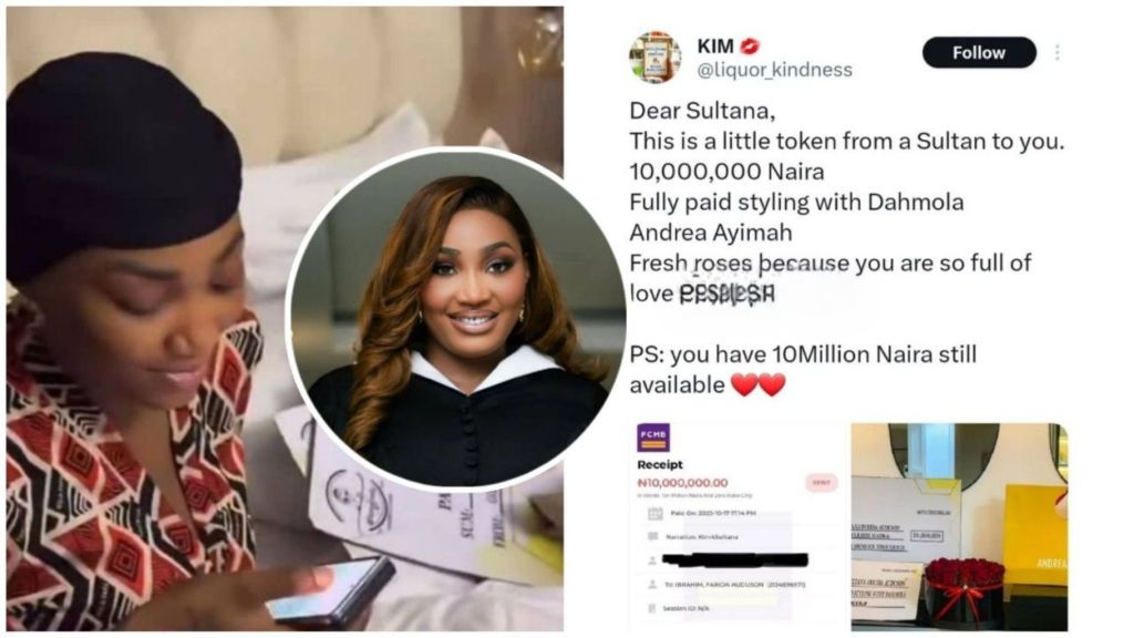 BBNaija star Sultana smiles as she checks her phone beside a large presentation cheque of ₦10 million, while an inset shows Kim, the generous fan who gifted her the money. The image collage also includes screenshots of Kim’s post and the FCMB transfer receipt confirming the payment.