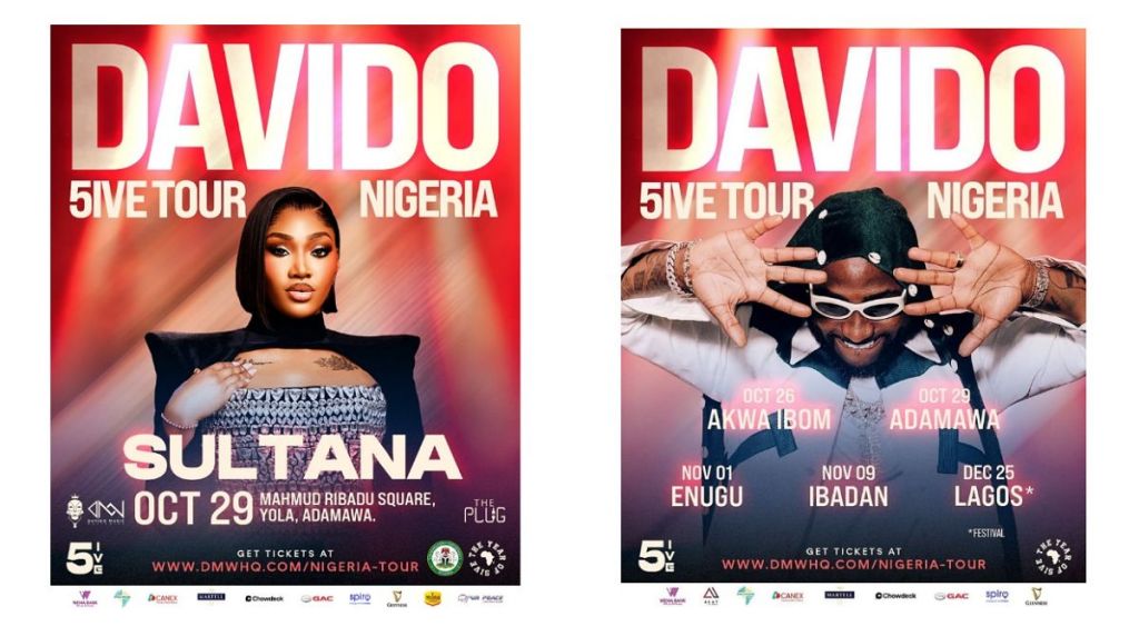 Side-by-side promotional posters for Davido’s 5IVE Tour in Nigeria. The left poster features BBNaija’s Sultana in a silver and black outfit, announcing her appearance at the Adamawa show on October 29 at Mahmud Ribadu Square, Yola. The right poster shows Davido smiling with hands raised, listing his Nigeria tour dates — Akwa Ibom (Oct 26), Adamawa (Oct 29), Enugu (Nov 1), Ibadan (Nov 9), and Lagos (Dec 25).