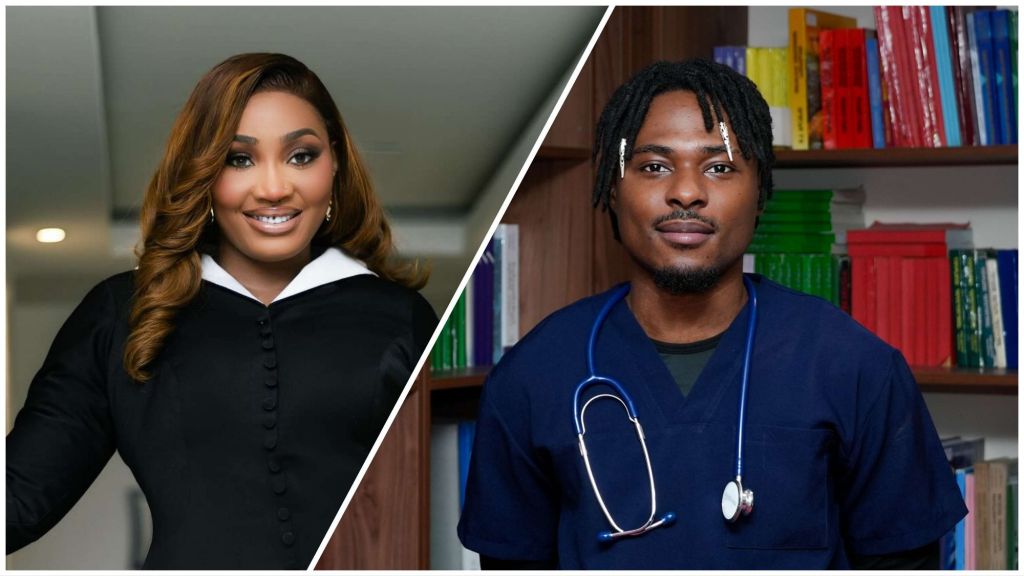 A collage showing Sultana and Faith, two Big Brother Naija Season 10 housemates. On the left, Sultana wears a black outfit with a white collar and smiles in a bright indoor setting. On the right, Faith appears in navy blue medical scrubs with a stethoscope around his neck, standing in front of a bookshelf filled with colourful books.