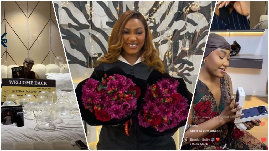 Collage showing BBNaija star Sultana Faridah smiling in a graduation-style outfit while holding two bright flower bouquets, flanked by scenes of her fan surprise — a decorated bed with a ₦4 million mock cheque, balloons, and an iPhone 17 Pro Max gift unboxing.