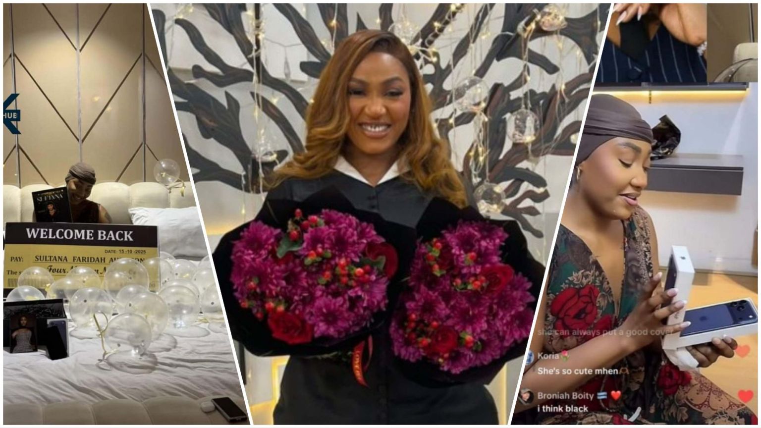 Collage showing BBNaija star Sultana Faridah smiling in a graduation-style outfit while holding two bright flower bouquets, flanked by scenes of her fan surprise — a decorated bed with a ₦4 million mock cheque, balloons, and an iPhone 17 Pro Max gift unboxing.