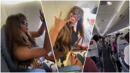A collage shows reality star Tacha smiling and gesturing playfully while seated on an Ibom Air flight. In one frame, she raises her hands in appreciation; in another, she flashes a hand sign and bright smile; and a third frame shows the wider cabin with passengers seated.