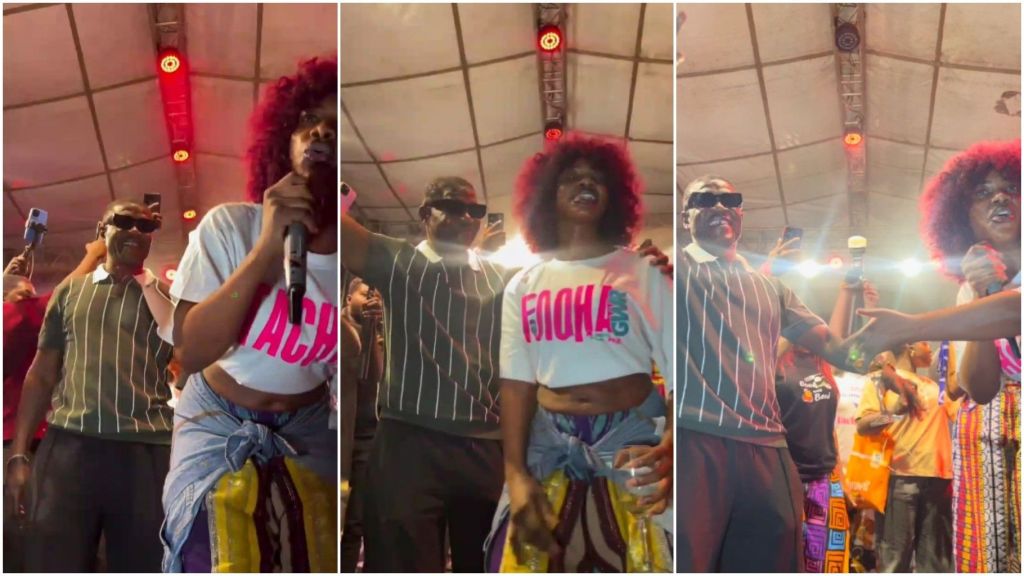 Collage showing Tacha and her father on stage at the J. Randle Centre in Lagos after her Guinness World Record attempt, smiling and holding hands under bright stage lights as the crowd cheers.