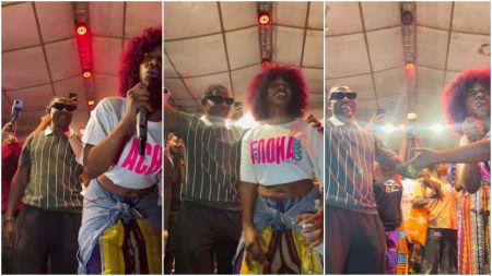 Collage showing Tacha and her father on stage at the J. Randle Centre in Lagos after her Guinness World Record attempt, smiling and holding hands under bright stage lights as the crowd cheers.
