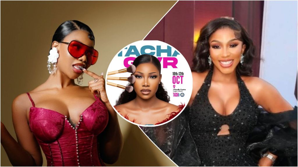 Side-by-side collage showing Nigerian reality stars Tacha Akide and Mercy Eke. Tacha is seen wearing red sunglasses and a corset top, with a promotional poster for her Guinness World Record makeover event centred between them, while Mercy Eke smiles in a black sequined gown.