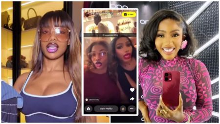 BBNaija stars Tacha Akide and Mercy Eke appear together in a viral clip from Beauty Tukura’s birthday dinner in Lagos, marking their public reunion after years of rivalry. The collage shows Tacha posing in sunglasses, the pair smiling in the dinner clip, and Mercy holding her phone in a bright pink outfit.