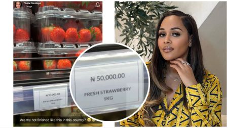A collage showing Nigerian businesswoman Tania Omotayo beside supermarket shelves of strawberries priced at ₦50,000 per kilogram, highlighting her online reaction to the shocking fruit cost in Lagos.