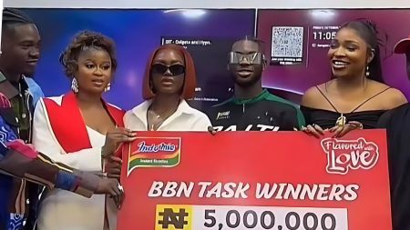 BBNaija Team Oriental members — Jason Jae, Dede, Imisi, Koyin, and Thelma — pose with their ₦5 million Indomie task prize cheque during the official prize presentation ceremony, smiling proudly as they celebrate their group victory.