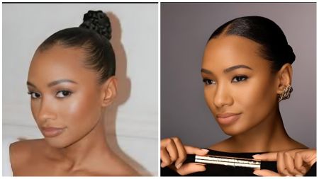 Nigerian digital creator and model Temi Ajibade poses with a sleek look, styled with her hair neatly pulled back in two portraits, showcasing elegant beauty and confidence.