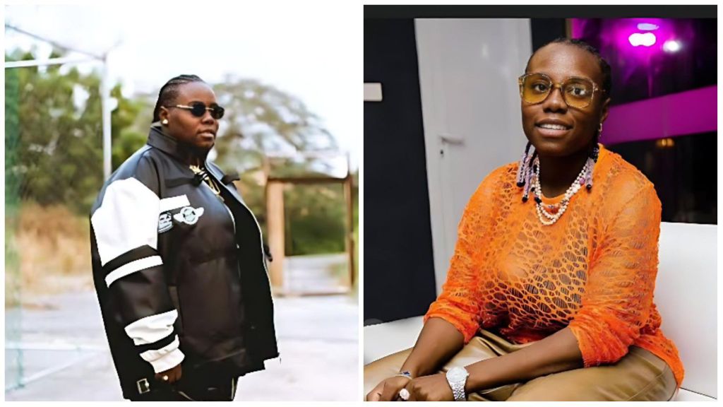 Singer Teni pictured in two different looks — on the left, she wears a black and white varsity jacket with sunglasses outdoors, and on the right, she sits indoors in an orange lace top with layered beaded necklaces and glasses.