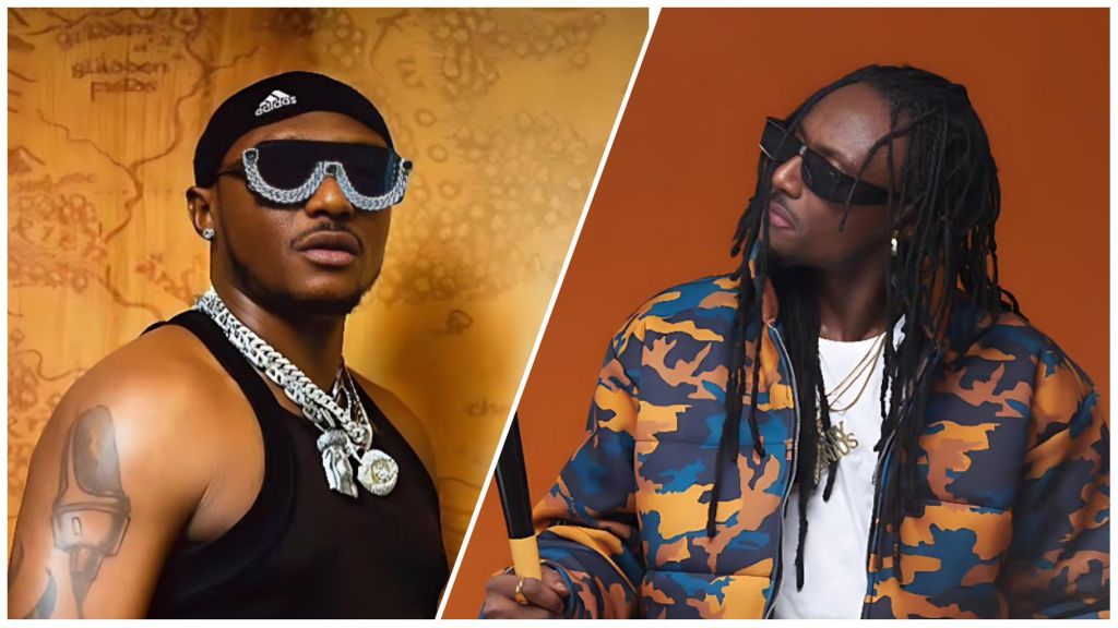 Side-by-side image showing Nigerian singers Terry G and Skiibii. Terry G is seen wearing a blue-and-orange camo jacket, white shirt, dark sunglasses, and long dreadlocks, while Skiibii appears in a black vest, large silver chains, and diamond-studded sunglasses against a golden background.