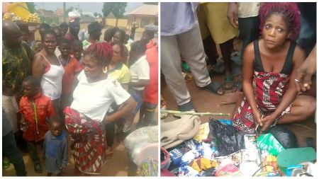 A pregnant widow surrounded by villagers after being accused of theft in Benue community; one photo shows her standing with a crowd and two children, while another shows her sitting on the ground beside scattered household items and sachets.