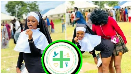 Taraba State University student Endurance Achikare Igbagri dressed in a modified nun costume during the school’s Costume Day event, with a friend posing beside her at the university grounds.
