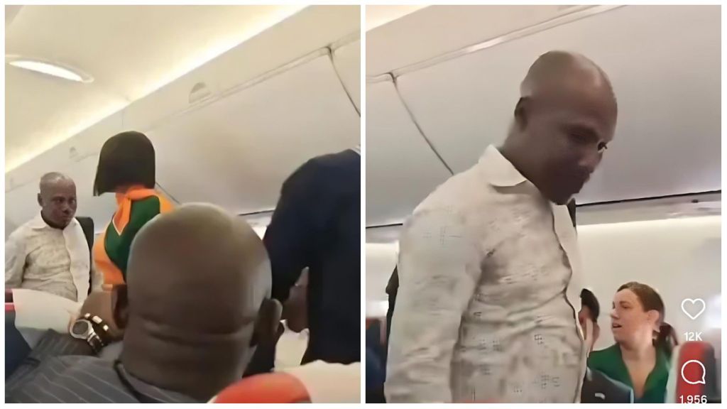 Screenshots from a viral video showing a suspected thief being confronted by passengers aboard an Abuja-bound flight. The man, dressed in a light-coloured shirt, is seen standing and facing other passengers, while flight attendants and travellers react to the commotion inside the aircraft cabin.