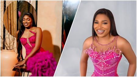 BBNaija star Thelma Lawson poses elegantly in two stunning pink embellished gowns, smiling confidently in both frames, highlighting her vibrant fashion style.