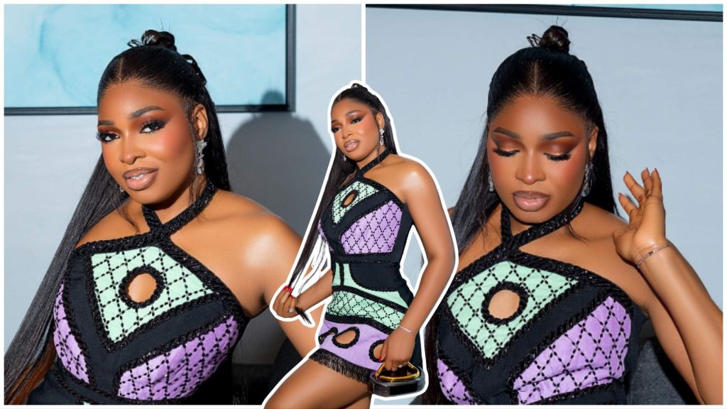 BBNaija star Thelma Lawson poses in a stylish mini dress with mint green and lilac patterns, showing sleek makeup and long straight hair in new photos.