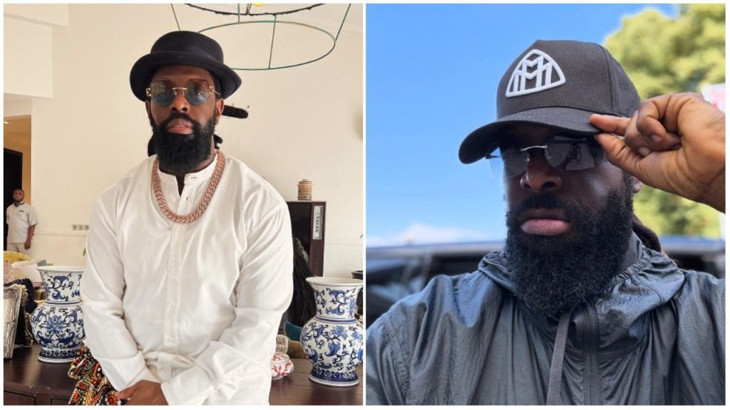 Nigerian singer Timaya appears in two stylish photos — on the left dressed in a white shirt, black hat, and gold chain while seated indoors, and on the right wearing a black jacket, sunglasses, and a cap outdoors.