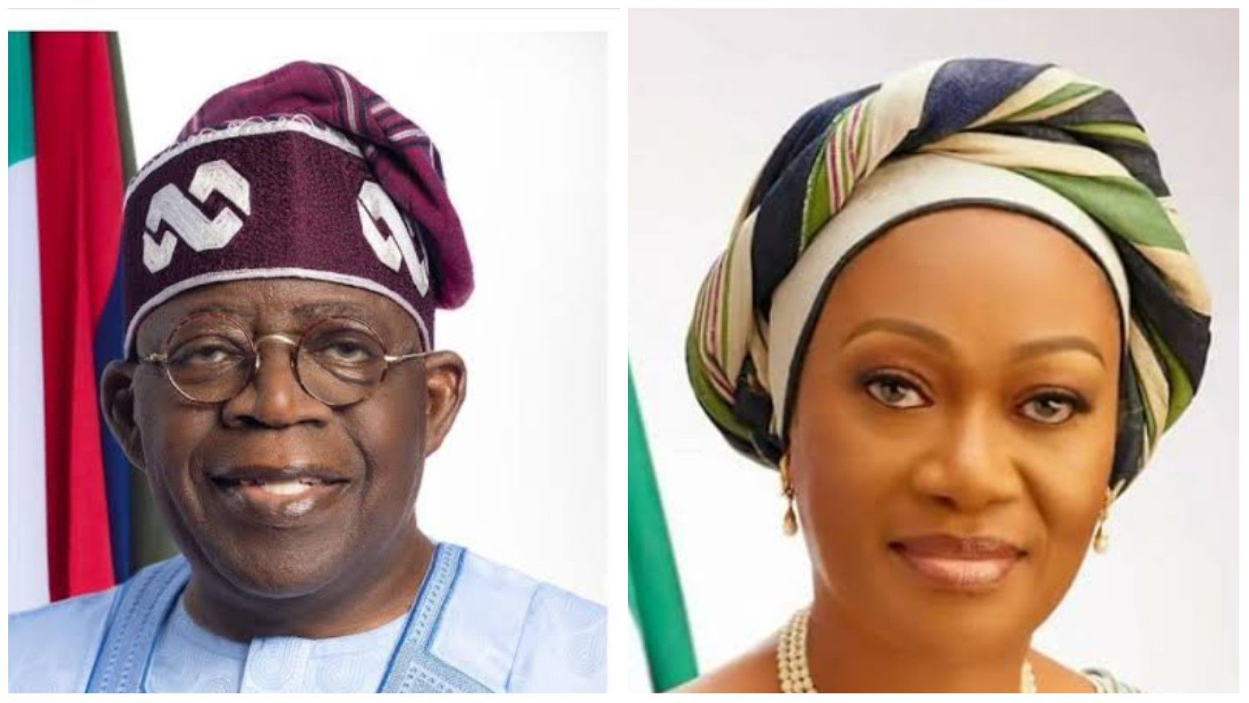 Collage showing a man in traditional Yoruba attire with a purple cap and glasses beside a woman wearing a headscarf with green, white, and black patterns, smiling softly.