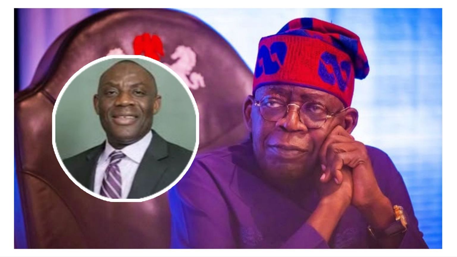 President Bola Ahmed Tinubu seated in contemplation wearing a red and blue cap, with an inset portrait of a smiling man in a suit and tie beside him.