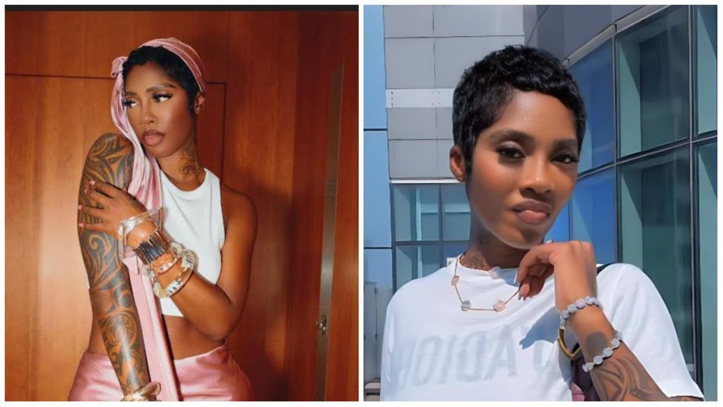 Afrobeats star Tiwa Savage poses stylishly in two photos — one showing her in a silk pink outfit with bold tattoos and a headscarf, and another outdoors in a white Dior T-shirt accessorized with gold jewelry and beaded bracelets.