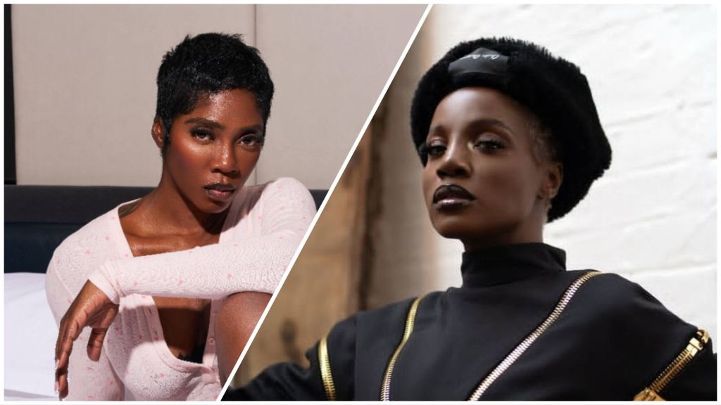 Side-by-side photo of Nigerian singers Tiwa Savage and Seyi Shay — Tiwa poses in a pink outfit, while Seyi wears a black beret and dark ensemble.