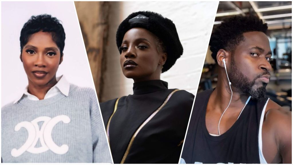 Collage showing Tiwa Savage in a grey sweater, Seyi Shay in a black outfit with a beret, and Teebillz wearing a sleeveless gym top with earphones.