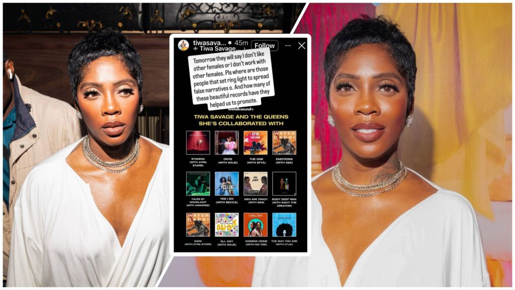 Collage of Tiwa Savage in a white V-neck dress, with an Instagram Story inset showing cover art of her songs with female collaborators and a note rejecting ‘false narratives’.