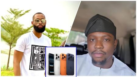 Side-by-side collage showing BBNaija star Tochi wearing sunglasses and a white patterned T-shirt outdoors, Nigerian activist VeryDarkMan dressed in a black cap and white outfit inside a car, and an inset image of four iPhone 17 models in different colours displayed between them.
