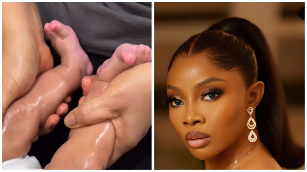 Split image showing two scenes — on the left, an Indonesian masseuse gently massages the shiny, oil-covered legs of a baby; on the right, Nigerian media personality Toke Makinwa poses with sleek makeup and diamond drop earrings, gazing calmly at the camera.