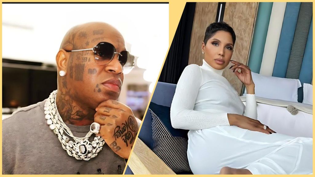 Side-by-side photo of American rapper Birdman wearing sunglasses and diamond chains, and singer Toni Braxton dressed in a white outfit while seated on a couch, both appearing in separate frames.