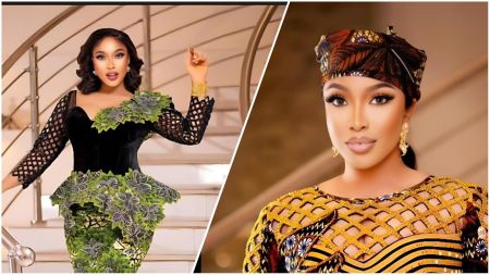 Side-by-side portraits of Nigerian actress Tonto Dikeh wearing elegant outfits — a green leaf-patterned gown on the left and a brown-and-gold African print attire with a matching headwrap on the right, both taken indoors with staircase backdrops.