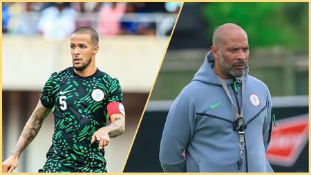 Super Eagles defender William Troost-Ekong wearing the team’s green jersey and captain’s armband stands on the pitch beside a separate image of head coach Eric Chelle observing training in a grey tracksuit.