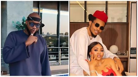 Side-by-side photo showing BBNaija star Tuoyo on the left wearing dark glasses and a black outfit beside a railing, and on the right, Regina Daniels’ brother poses with the actress, both dressed in white traditional attire indoors.