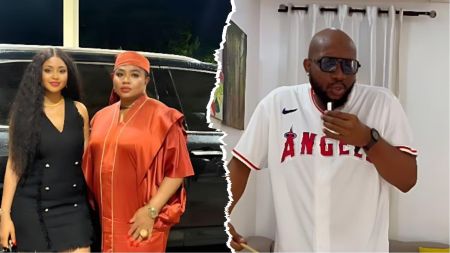 BBNaija’s Tuoyo appears on the right side wearing sunglasses and a white “Angels” jersey, while on the left, actress Regina Daniels stands beside her mother, Rita Daniels, dressed in black and orange outfits respectively. The image is split down the middle, contrasting Tuoyo’s photo with that of Regina and her mother.