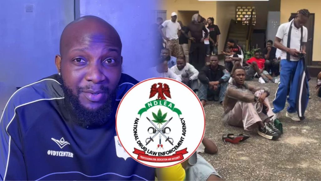 BBNaija’s Tuoyo appears beside detained clubgoers after NDLEA raid in Lagos, with the agency’s emblem displayed in the centre.